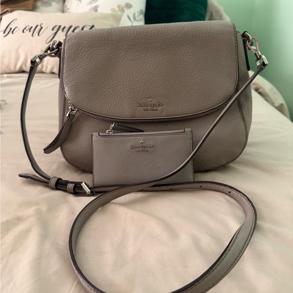 Kate Spade Gray/Taupe Leather Crossbody Bag and Wallet